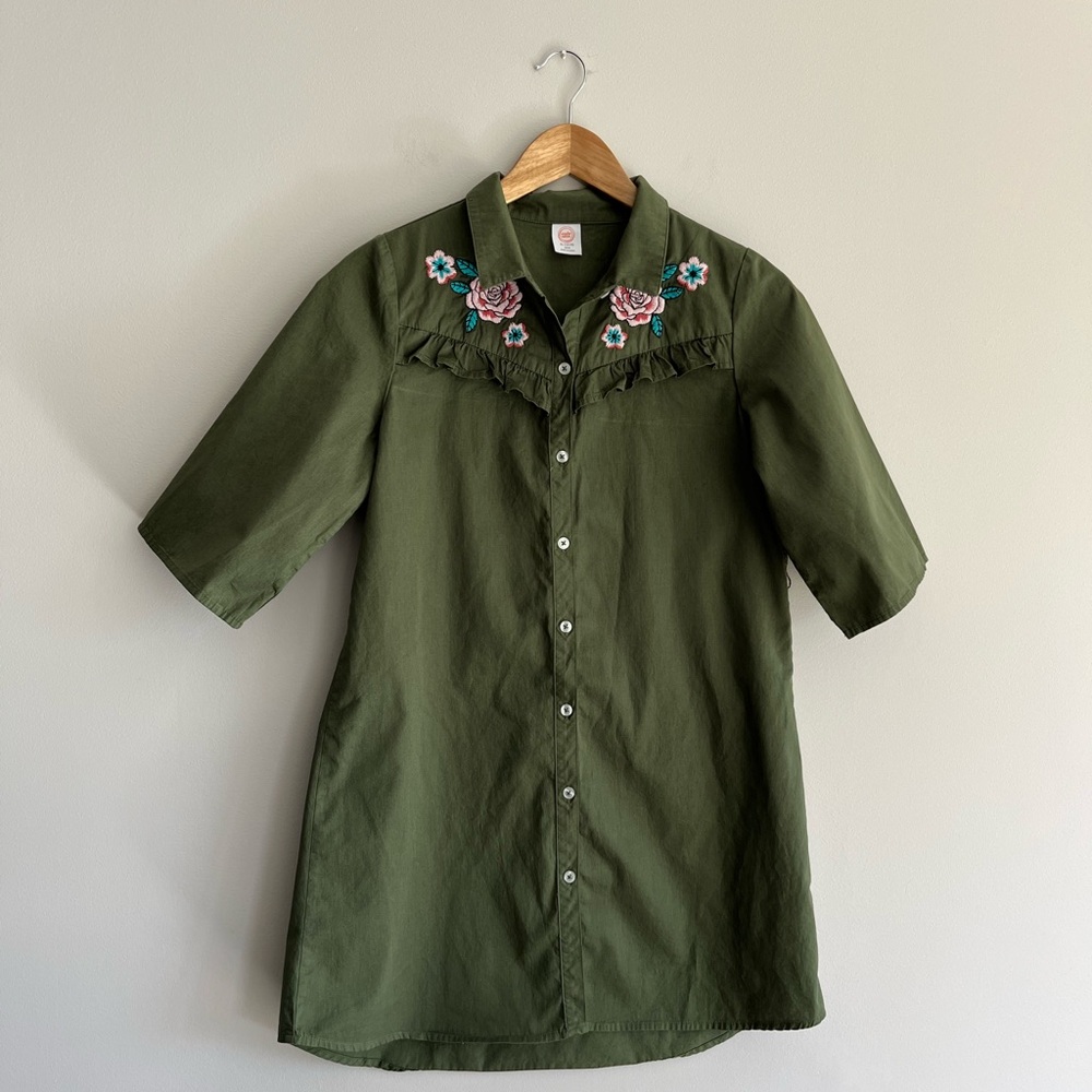 Wonder Nation Green Embroidered Button-Up Dress Girl size XL (14-16)